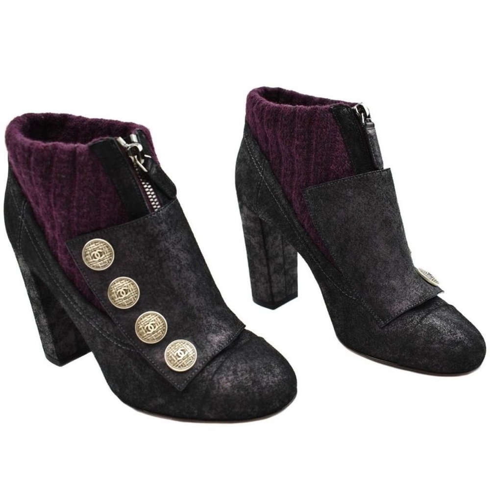 CHANEL: Distressed Leather, fabric Snap Buttons  - "CC" Logo Ankle Boot